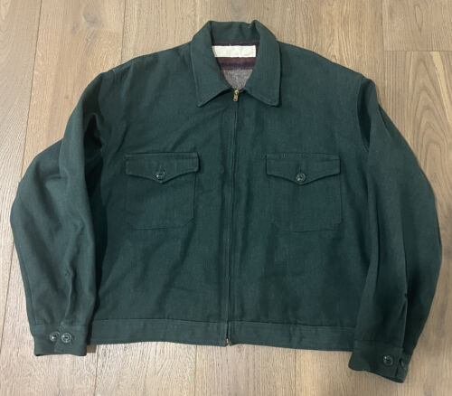 Vintage 1950s 60s Whipcord Workwear Blanket Lined Uniform Jacket Green 48 USA - Picture 1 of 11