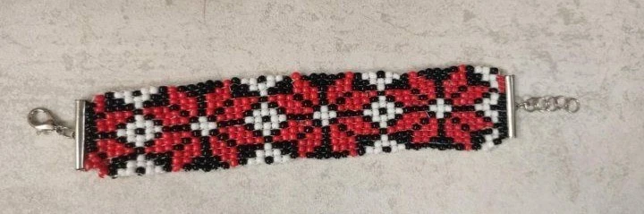 Bracelet Manchette en Perles de Rocaille Tissé Main Motif Géométrique Rouge Noir - Photo 2/4