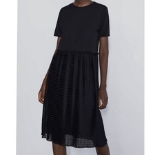 Zara Black Short Sleeve Flowy Pleated Round Neck Ruffle Midi T Shirt Dress Sz L