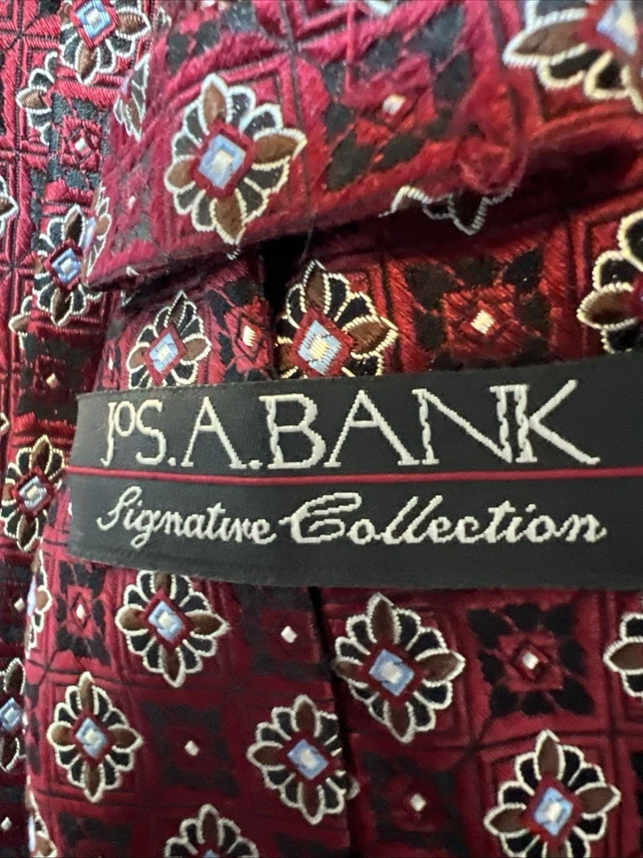 Joseph A. Banks Signature Collection Silk Necktie Dark Red Geometric NWT - Image 2 of 4