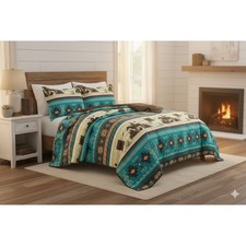 Southwestern Turquoise Aztec Quilt Coverlet - 3 Piece Set- Western Bedding Set