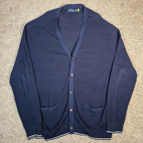 Polo Ralph Lauren Cardigan Sweater Mens Sz 2XL Blue Pony V-Neck Linen Blend