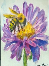 ATC  ACEO  -  BUSY BEE ON A PURPLE FLOWER  Art