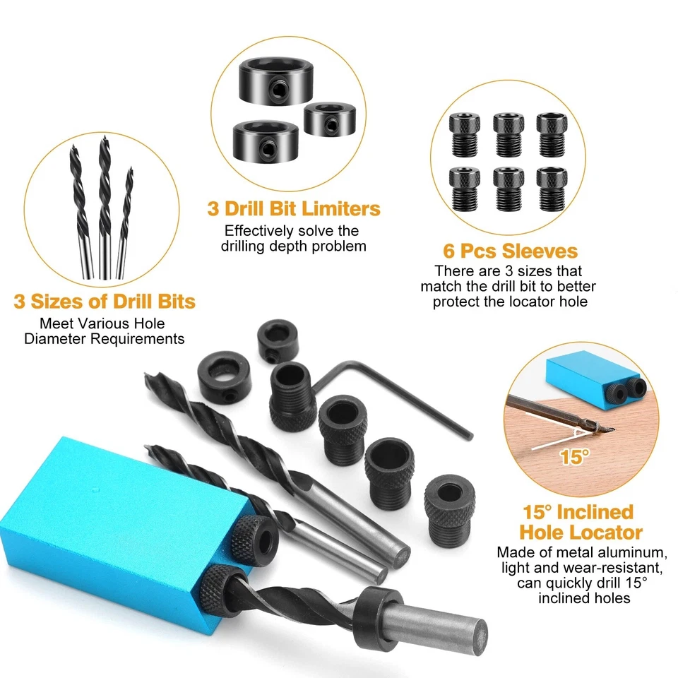 Kit de plantilla de orificio de bolsillo de 15 piezas guía de taladro angular de 15 grados para carpintería Foto 4 de 4