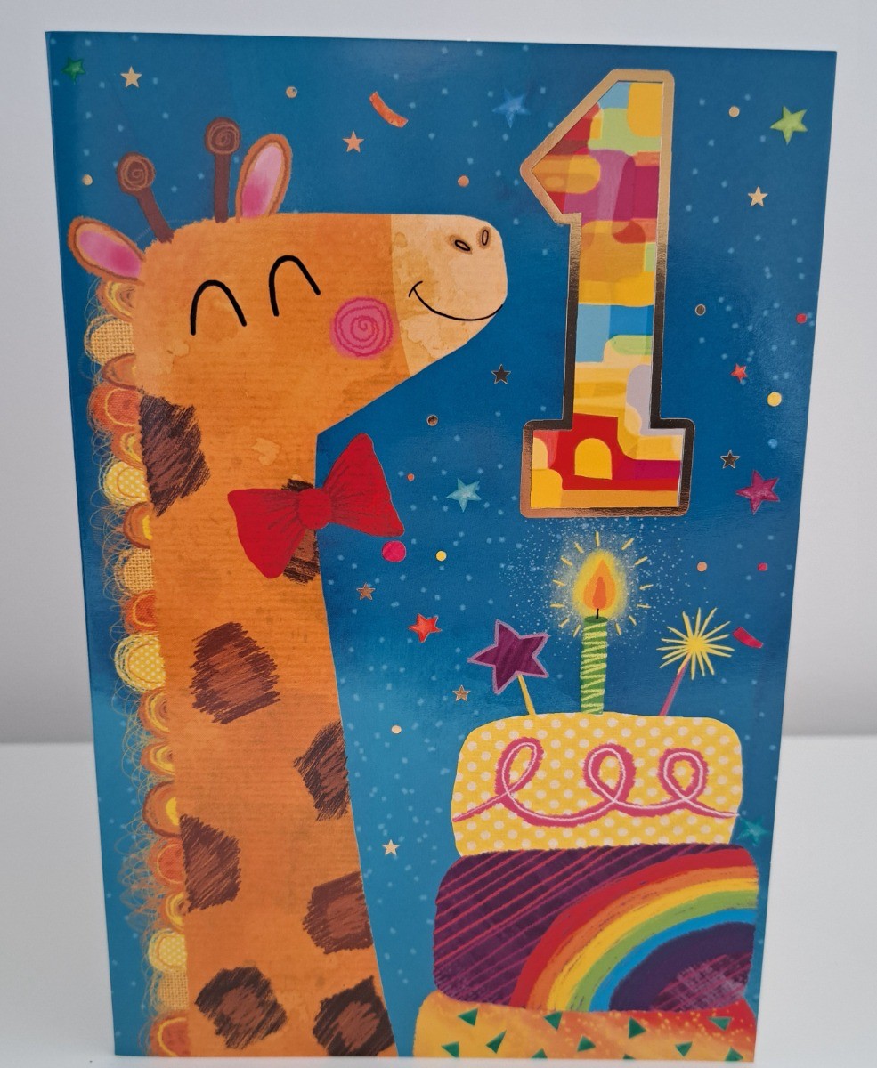 Boys Ages 1 Giraffe Birthday Card. 19x13cm