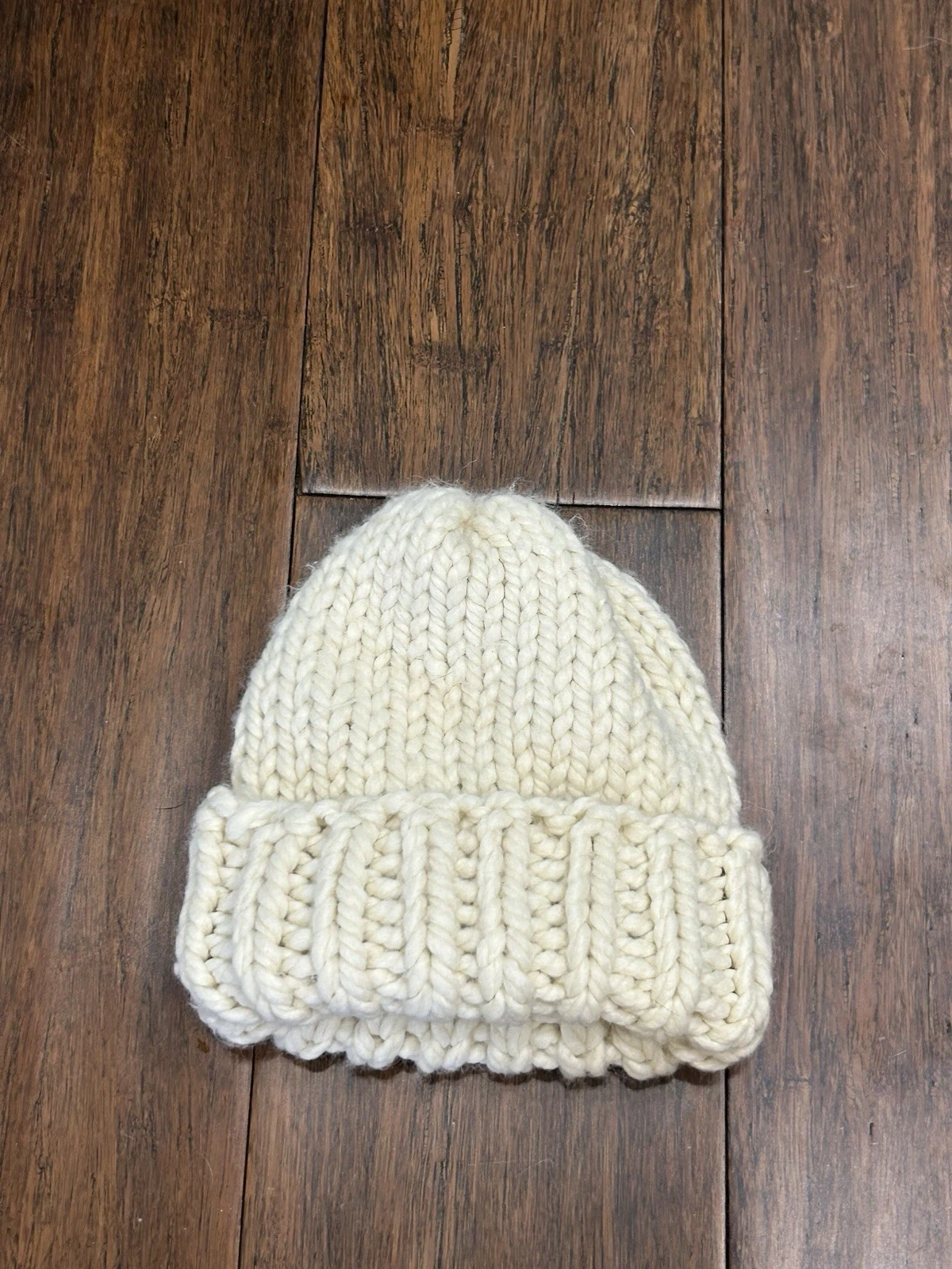Childrens Cozy Knit Fisherman White Wool Blend Chunky Handmade Beanie 8.25” NEW