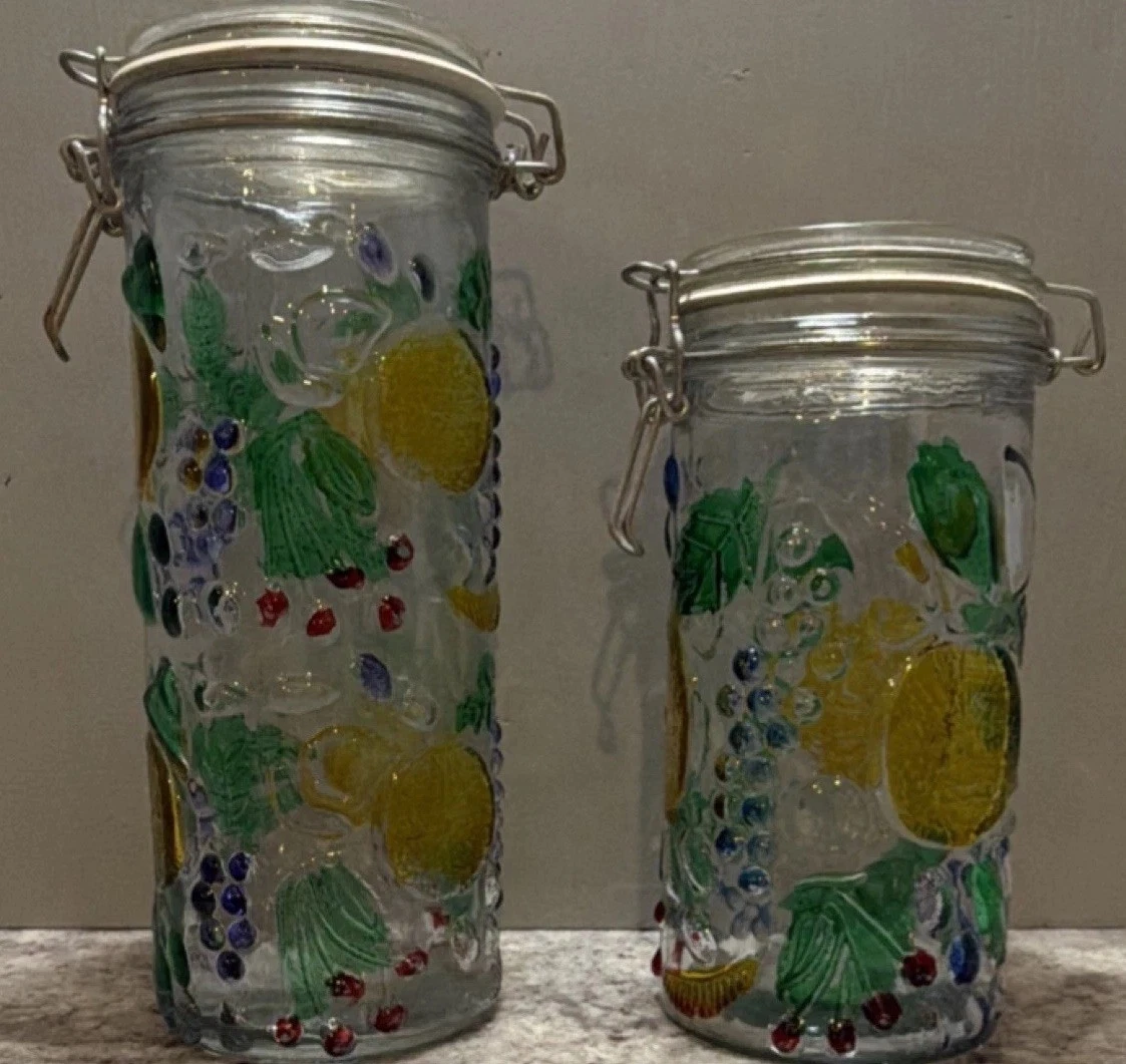 Set of 2 Glass Fruit Pattern Storage Canisters with Clamp Lids