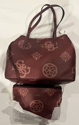 NWT  Guess Vikky Tote 2 Piece Set, Merlot And Tan Color