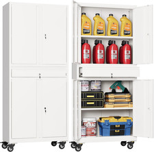 Metal Garage Storage Cabinet with Locking Doors and Adjustable Shelves, Rolling