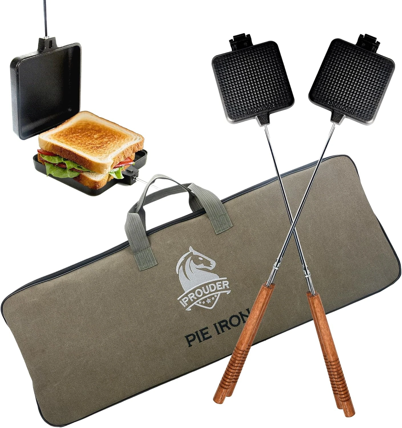Campfire Pie Iron 4.9" Large Cast Iron Sandwich Maker for Camping 2 Pcs with Sto