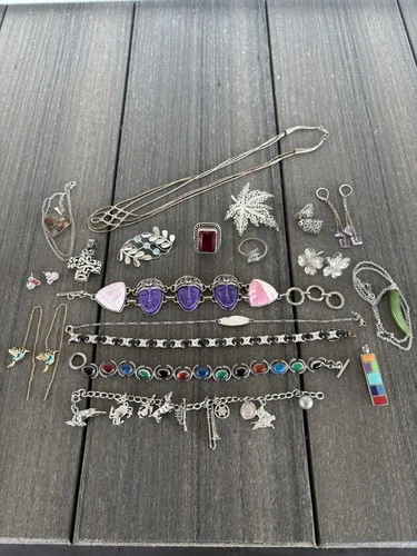 Vtg 925 Sterling Silver Jewelry Lot 19 Pc Ring Bracelet Necklace Earring Brooch