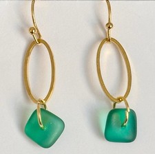 Gold and Ocean Green Earrings. Faux Beach Glass. Coast.