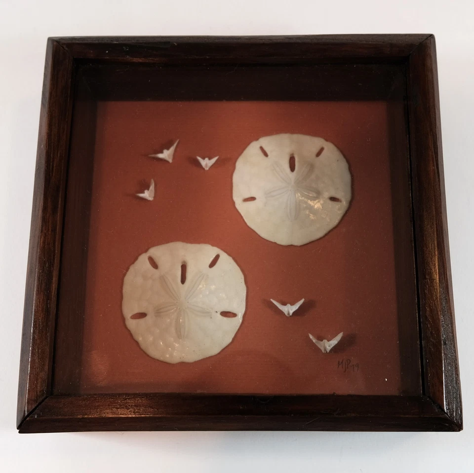 Caja de sombra de dólar de arena obra de arte náutico vintage 6" x 6" firmada "MJP 1979" Foto 3 de 4