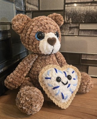 Crochet Bear w/ Heart Poptart Handmade Amigurumi Get Well Gift Chenille 9.5''