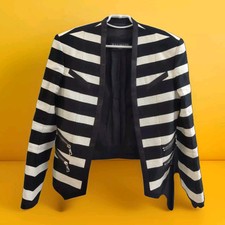 BALMAIN Two Tone Striped Linen Cotton Crepe Jacket Blazer Black Ivory Sz 40 L