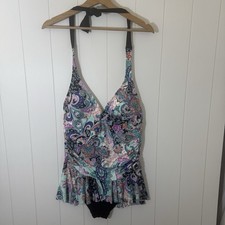 Women s One Piece Swimdress L Paisley Print Ruffle Skirt Tummy Control Padded