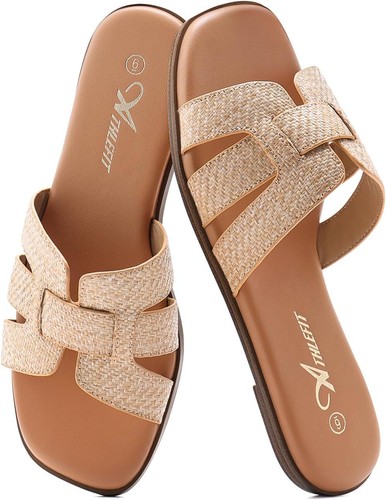 Women's Flat Sandals Dressy Summer Square Open Toe Slip On Leather Slide Sandals - Picture 30 of 31
