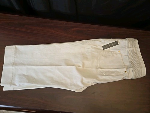 Sz 14 Ladies Capri Pants. White Cotton Blend Larry Levine Belted Cropped Slacks - Picture 13 of 13