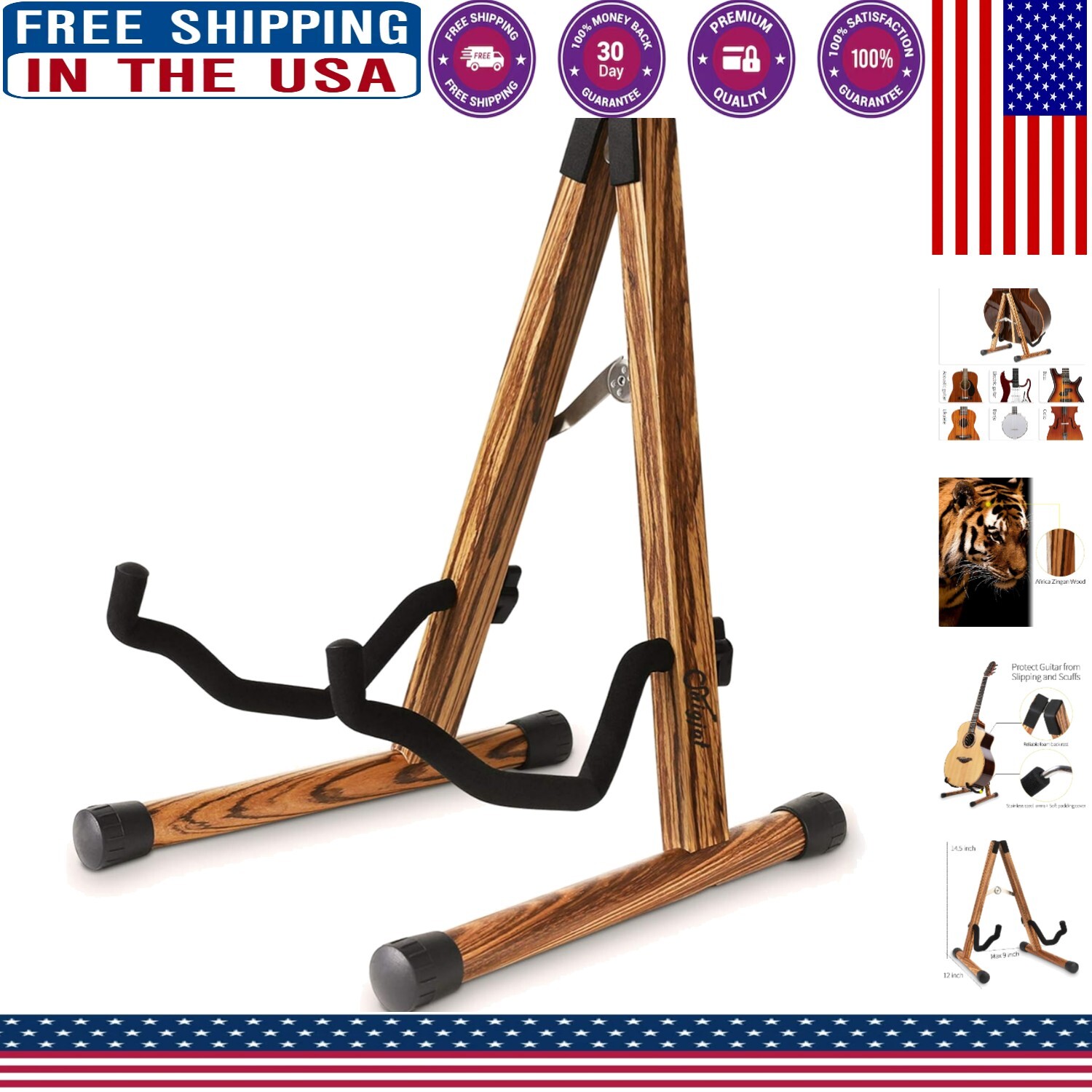 Sturdy A-Frame Guitar Stand for Electric and Acoustic Instruments - Adjustable