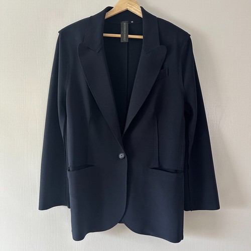 Norma Kamali Single Breasted Jacket Raw Edge Padded Shoulders Blue Size Large