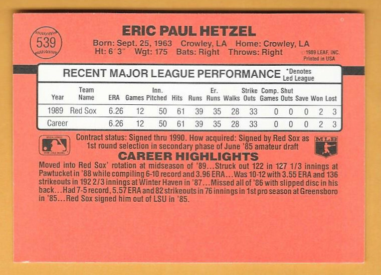ERIC HETZEL BOSTON RED SOX #539 - DONRUSS NM-MT 1990 | eBay