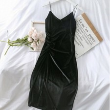 Women Pleuche Spaghetti Strap Dress Sleeveless Split V-neck Nightclub Party SPW