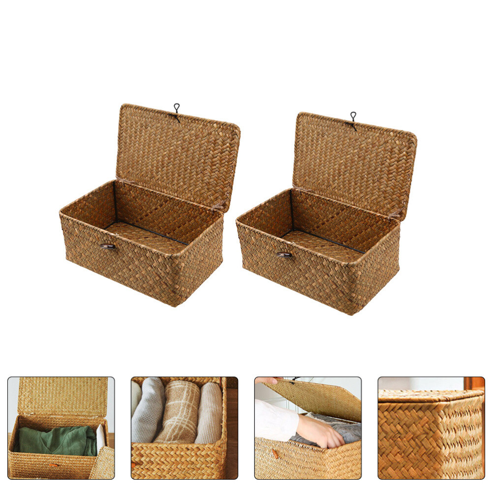 2pcs Laundry Basket Seagrass Storage Basket Woven Storage Bins Wicker Basket Lid