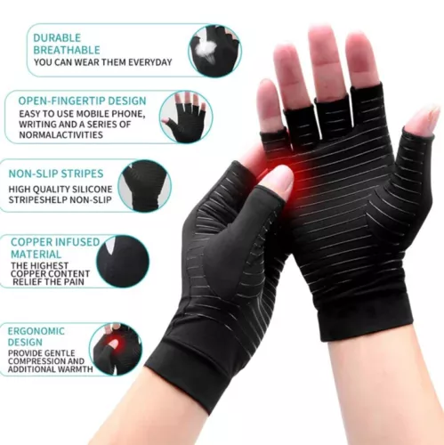 Copper Compression Gloves Anti Arthritis Fingerless Pain Relief Joint Support . - Picture 2 of 13
