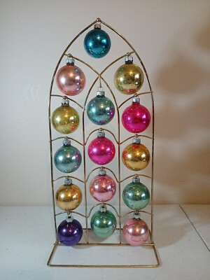 VERY RARE Vtg Shiny Bright Catherdral Window Centerpiece Christmas Bulbs 16''x8'' 