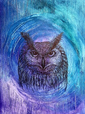 Eule Original Federzeichnung. Blau Lila Acrylfarbe Hintergrund 21x28cm ungerahmt