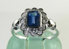9CT 9K WHITE GOLD 6mm x 4mm SAPPHIRE DIAMOND ART DECO INS CLUSTER RING SIZE O