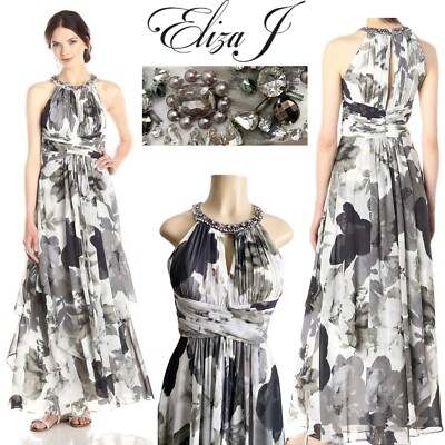 Eliza J Gray Floral Halter Maxi Dress Beaded Empire Formal Gown Event Wedding 2