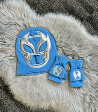 Blue Fleece Kids Luchador Wrestling Mask & Mittens Winter Hat WWE Rey Mysterio