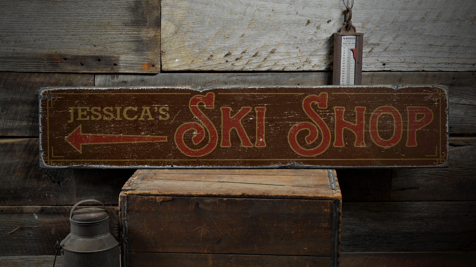 Ski Shop Arrow, Custom Store Owner Name - Rustic Distressed Wood Sign