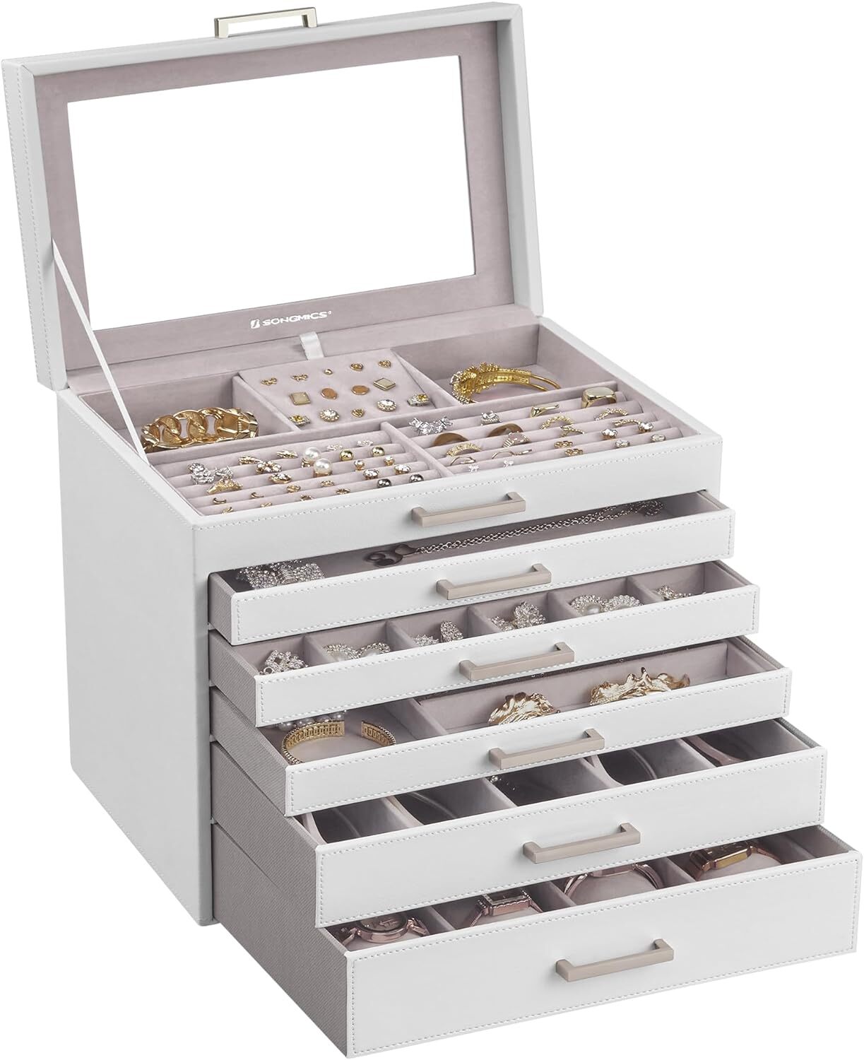Jewelry Box 6-Tier Organizer Large Jewelry Case with Big Mirror Modern Style-image