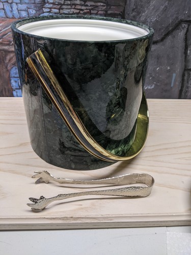 Kraftware Brass Green Marble Insulated 3 QT Ice Bucket Lid Made USA Barware VTG - Picture 11 of 18