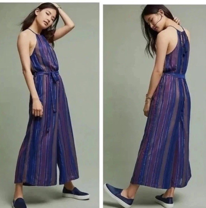 Anthropologie Cleobella Lois Metallic Stripe Wide Leg Jumpsuit Lined Size 8