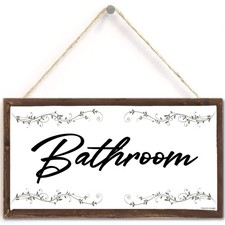 Bathroom Sign Black Hanging Wall Art Wood Decorative Door Decor 10x5 In US-G114
