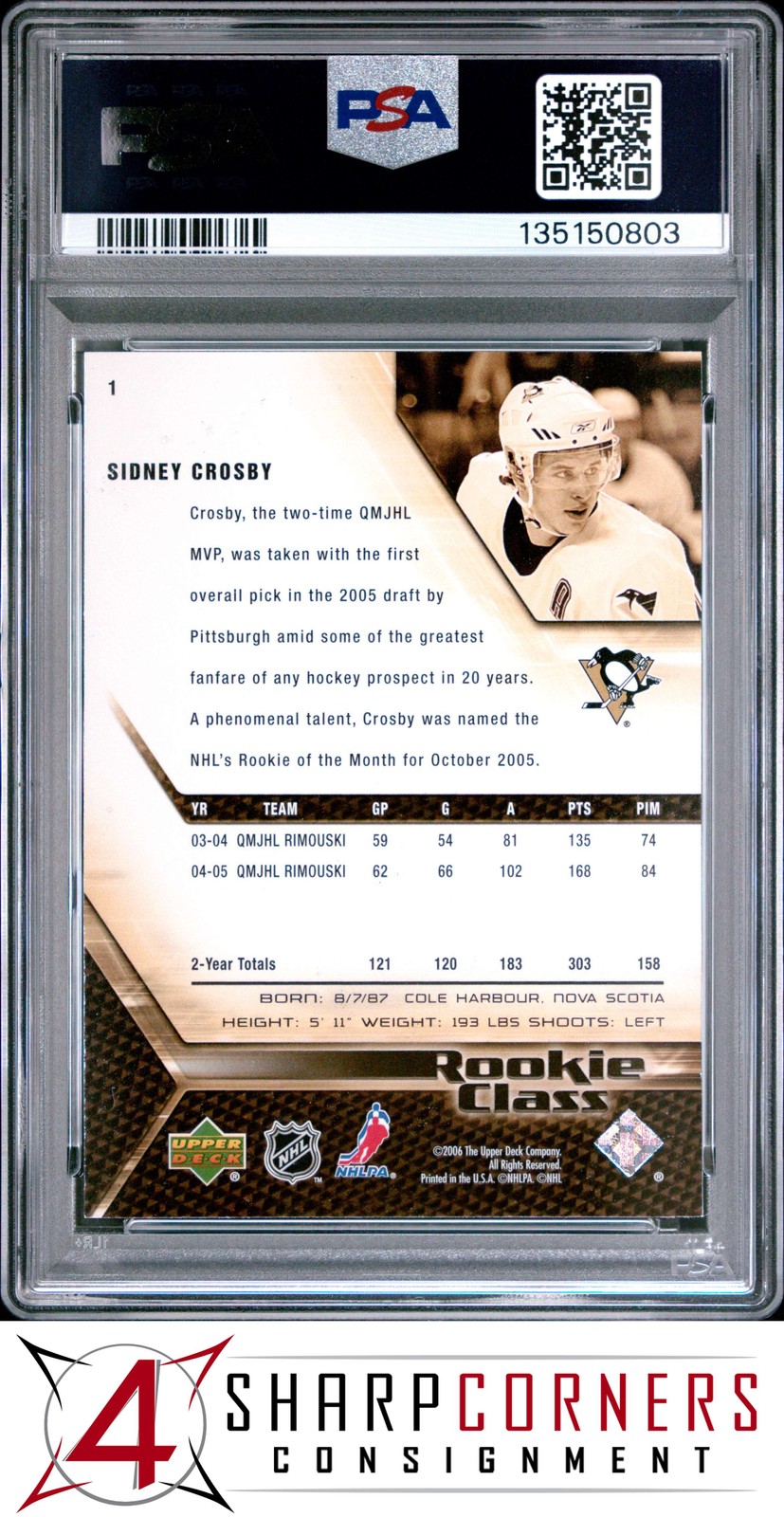 2005 UPPER DECK ROOKIE CLASS #1 SIDNEY CROSBY RC PSA 9 view 2