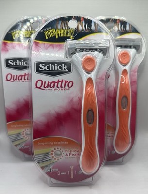 RARE! 3x Schick Quattro for Women RAZOR Papaya & Pearl Pitch Perfect 2 Edition