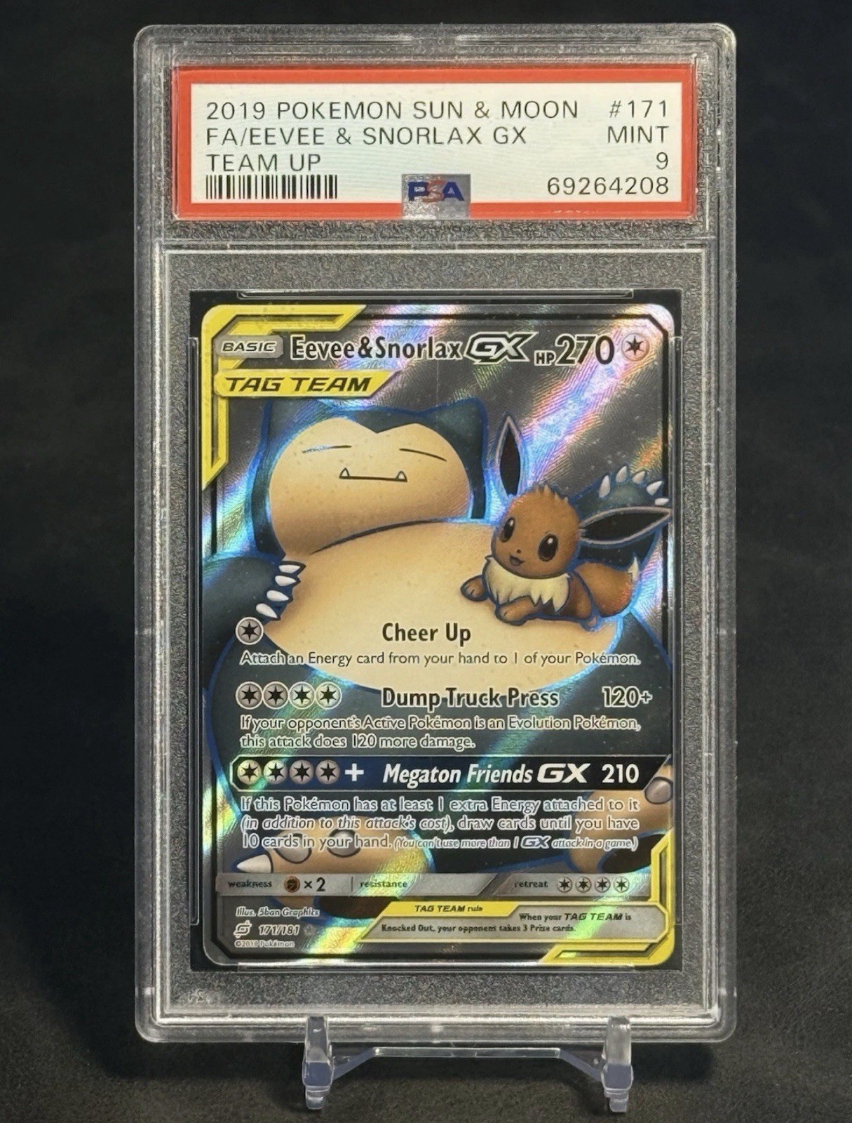 Pokemon Eevee & Snorlax GX 171/181 Sun & Moon Team Up Full Art Ultra Rare PSA 9