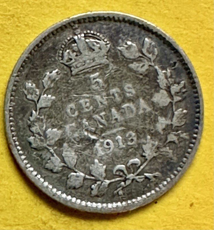 1913 Canada Five Cent Edward VII. 92.5% Silver. F-VF Condition. Charity Auction.