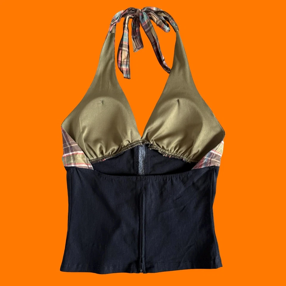 Camiseta sin mangas vintage años 00 estampado a cuadros imitación botón bodycon y2k halter XS PEQUEÑA Foto 4 de 4