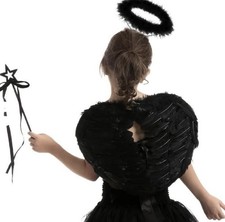 Black Feather Angel Wings Halo Wand Set Halloween Gothic Costume Dark Angel