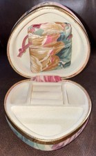 Vintage Heart-Shaped Floral Jewellery Box W/ Gold Trim  Attached Pouch Fabric