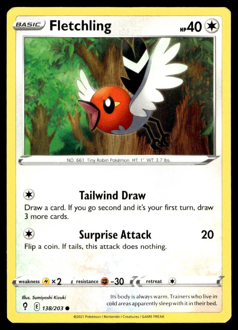 Fletchling 138/203 Pokemon Card Evolving Skies Common 40 HP Near Mint AD