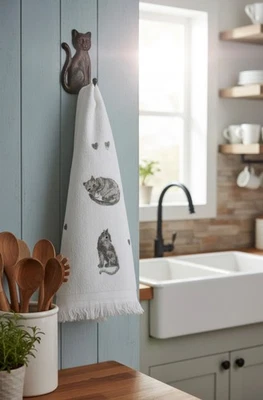 serviette éponge en coton blanc déco chat gris coeurs 40x66cm Clayre Eef NEUF - Photo 1/3