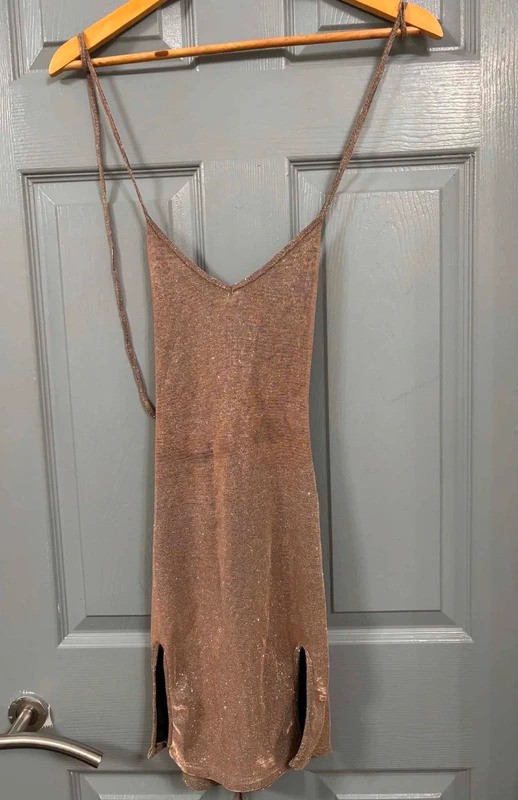 SHEIN Bronze Metallic Glitter Lace Up Back Mini Dress Size S