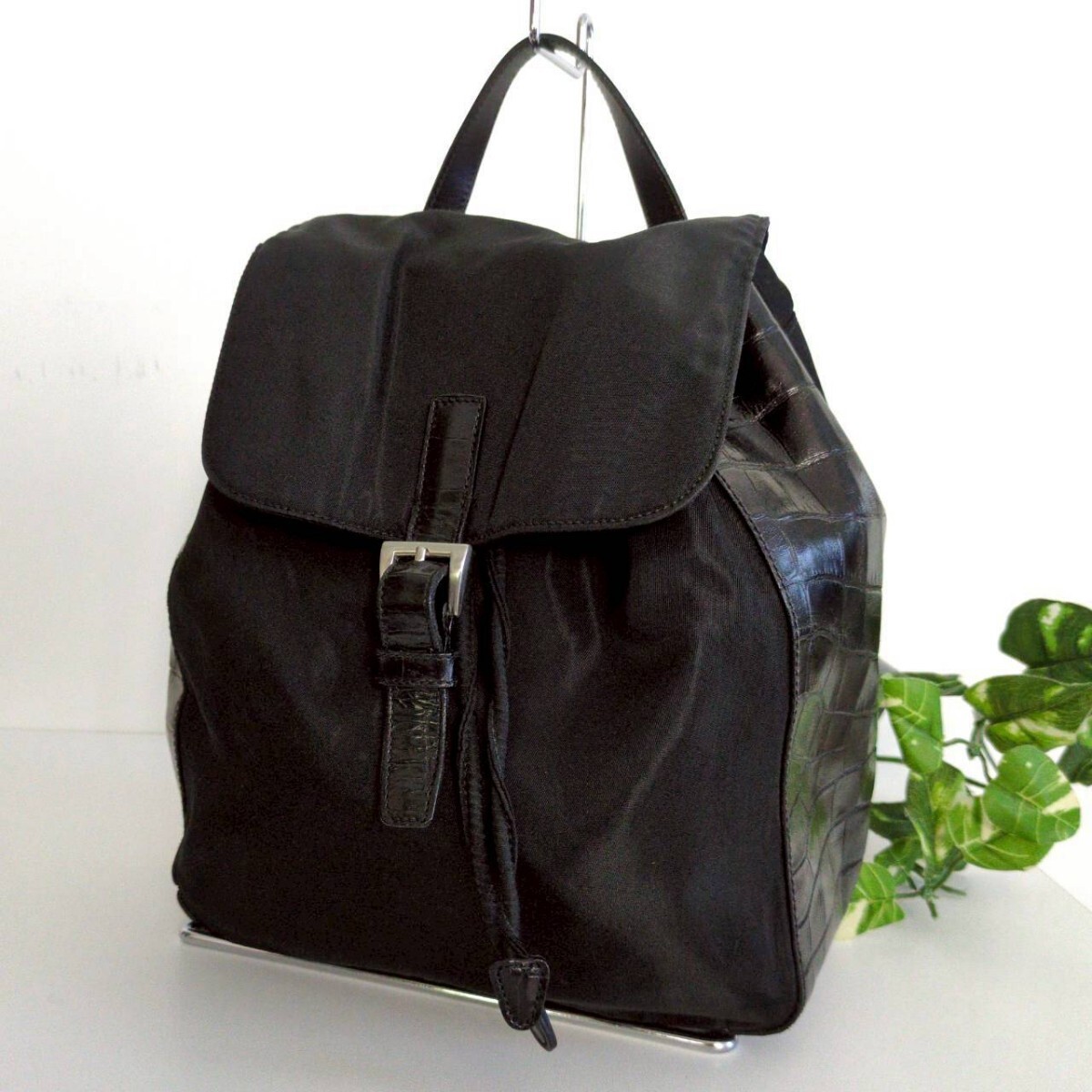 Condition PRADA Old Vintage 90s Croco Nylon Drawstring Backpack Bag Handbag Bla thumbnail 3