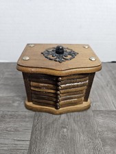 Vintage Wooden 8 Coaster Set Decorative Storage Holder Brass Ring Handle